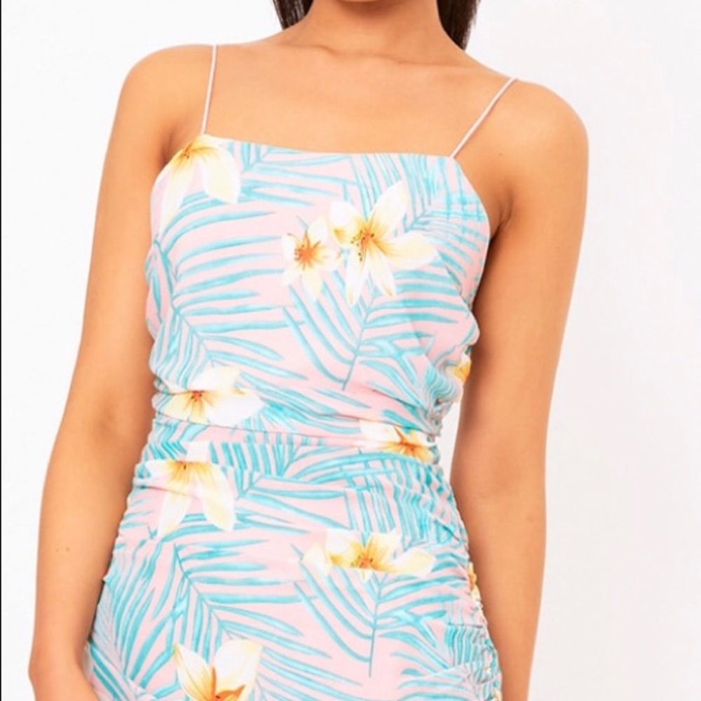 pink strappy floral ruched bodycon dress